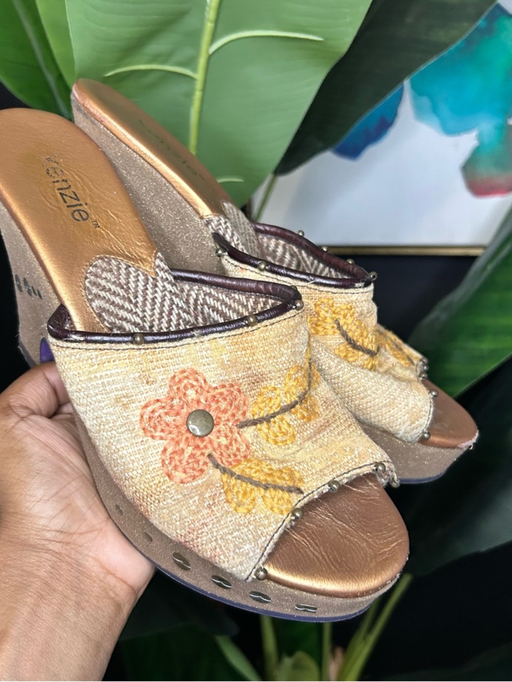 Kenzie Beige and Orange Embroidered Slide Wedge Mules